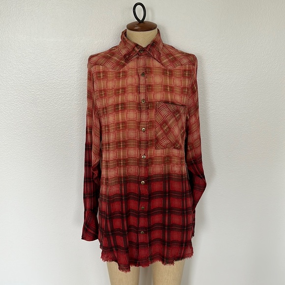 Free People Plaid Long Sleeve Shirt Hand Dyed Size S - Picture 1 of 8